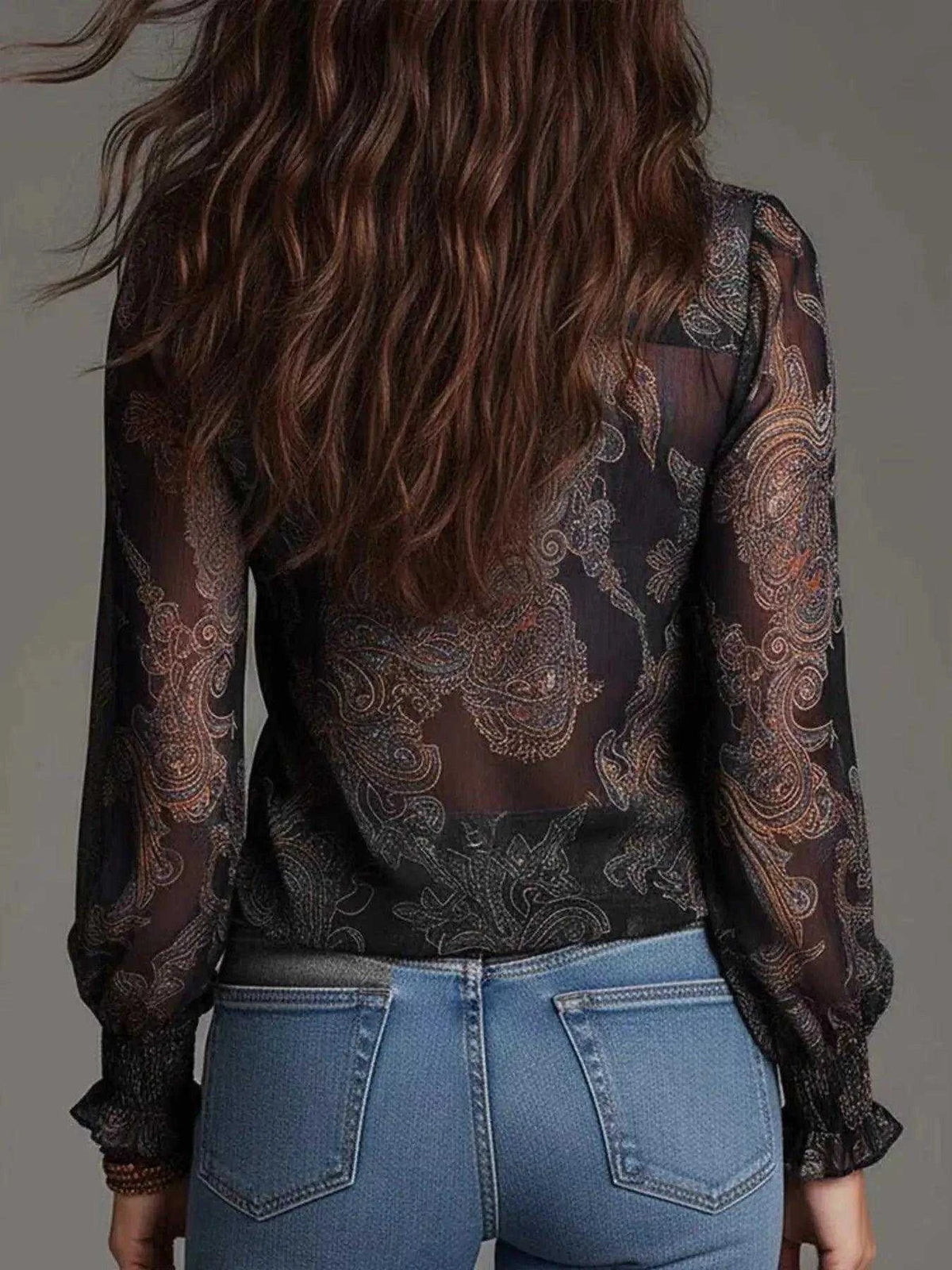 Full Size Paisley Print Ruffle Trim Zip-Front Blouse Plus Size Luxe Curves Plus Size Fashion