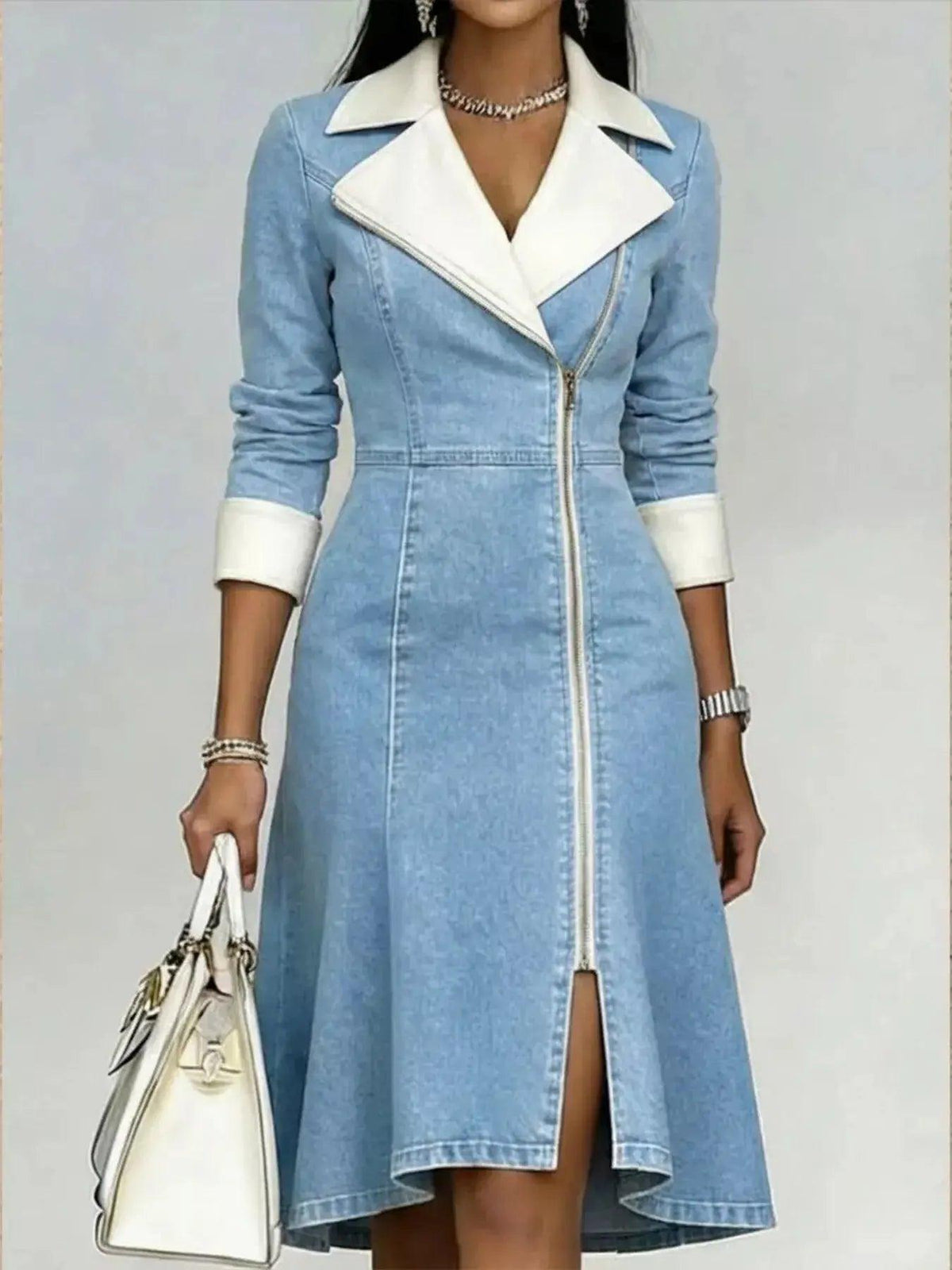 Full Size Contrast Lapel Zip-Front Denim Dress Plus Size Luxe Curves Plus Size Fashion
