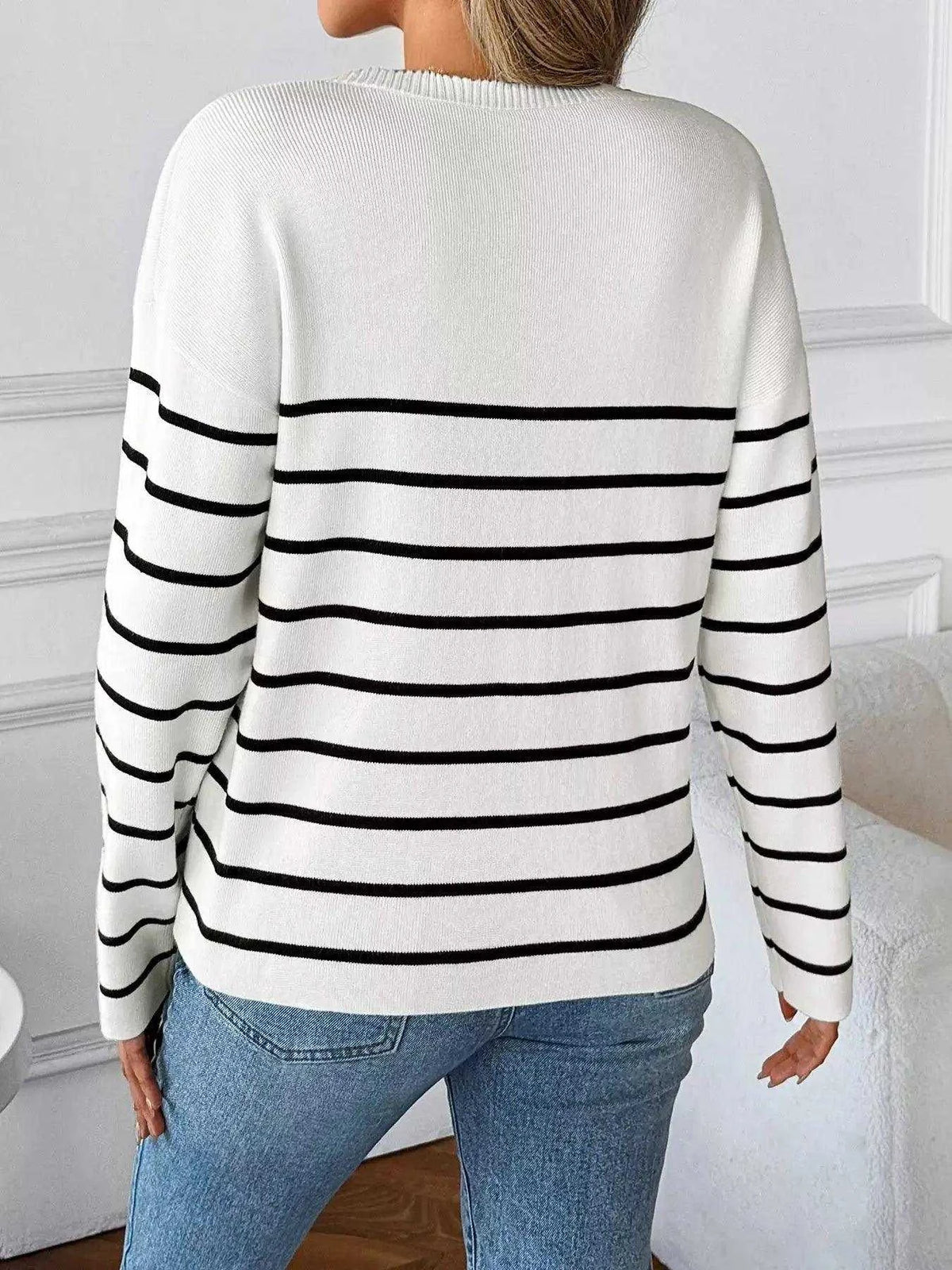 Striped V-Neck Long Sleeve Sweater Luxe Curves Plus Size Fashion