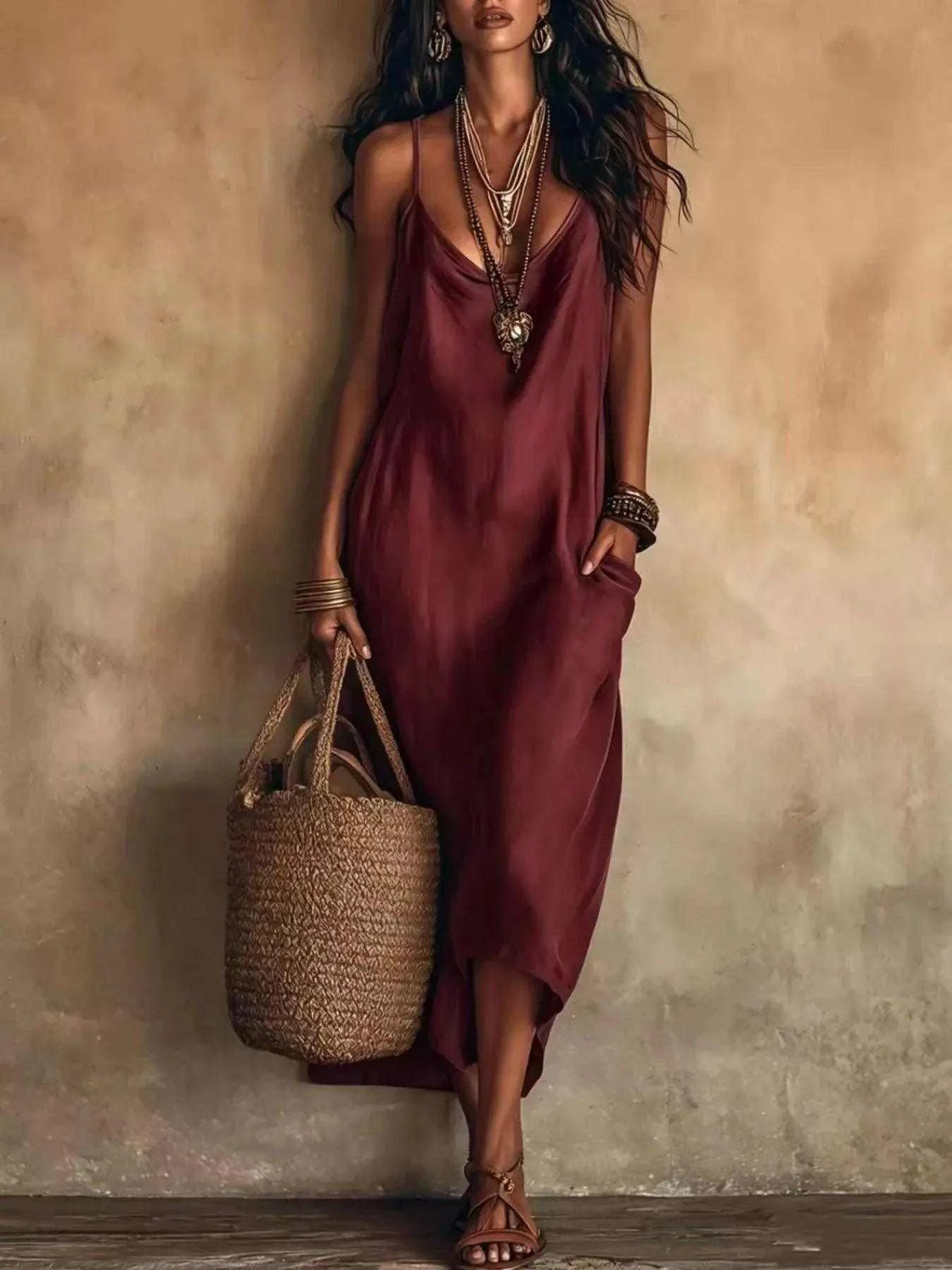 Full Size Spaghetti Strap Midi Dress with Pockets Plus Size Luxe Curves Plus Size Fashion