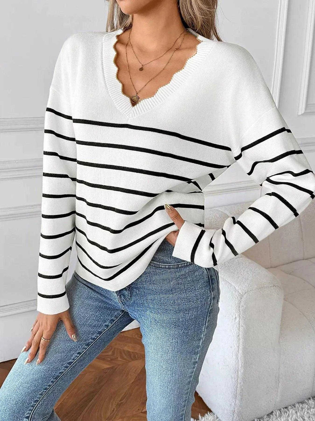 Striped V-Neck Long Sleeve Sweater Luxe Curves Plus Size Fashion