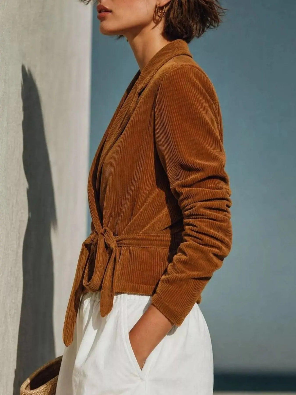 Full Size Corduroy Wrap Jacket with Tie-Waist Plus Size Luxe Curves Plus Size Fashion