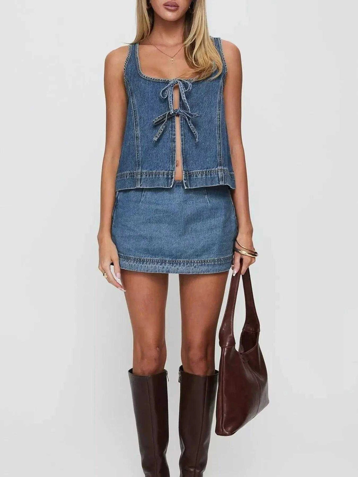 Tie-Front Tank and Skirt Denim Set Luxe Curves Plus Size Fashion