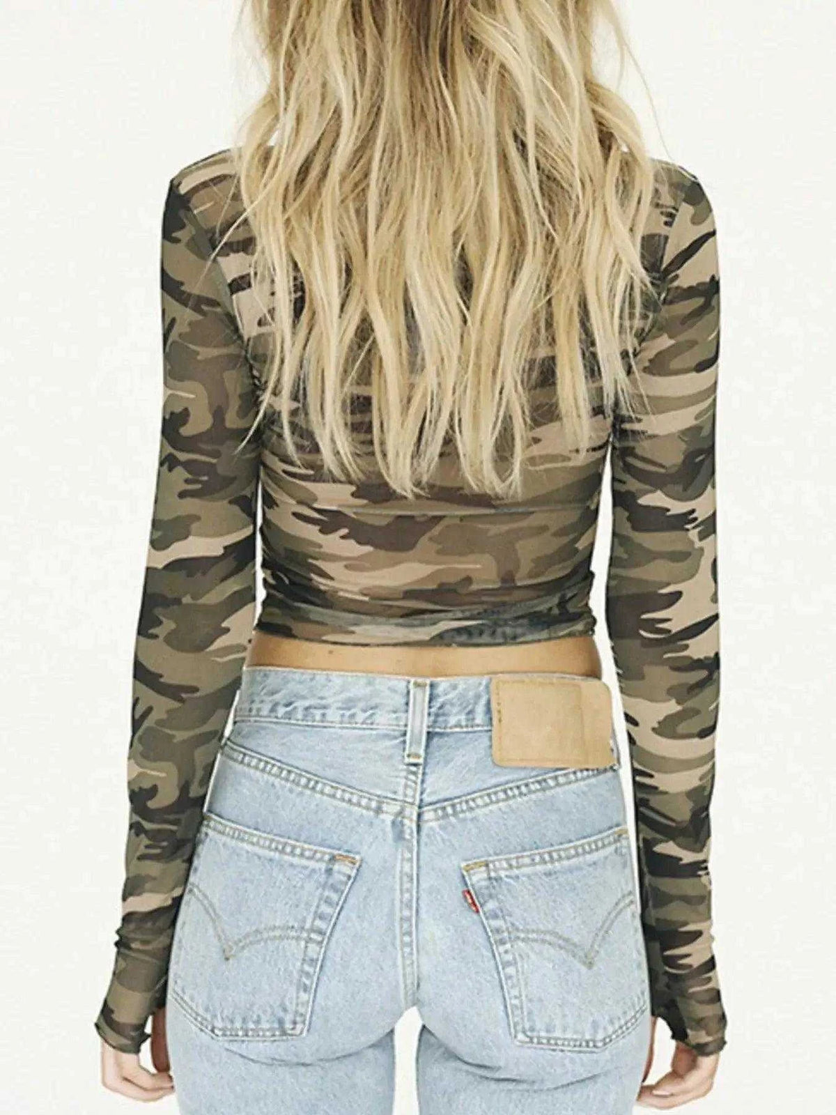 Camouflage Mesh Long Sleeve T-Shirt Luxe Curves Plus Size Fashion