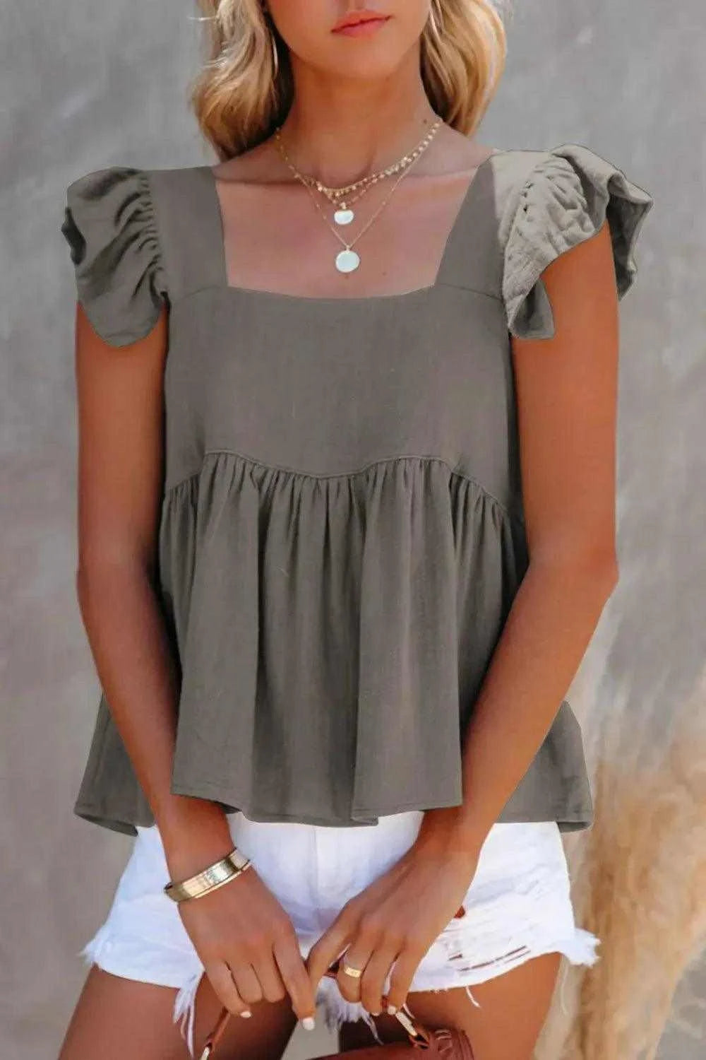 Full Size Ruffled Square Neck Cap Sleeve Blouse Luxe Curves Plus Size Fashion