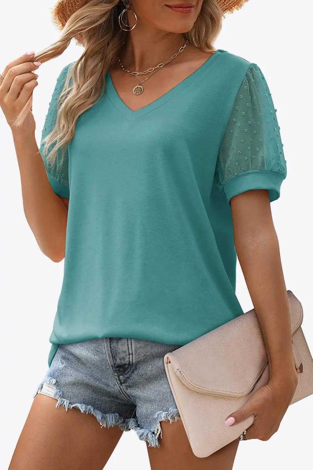 Swiss Dot Puff Sleeve V-Neck Tee Luxe Curves Plus Size Fashion