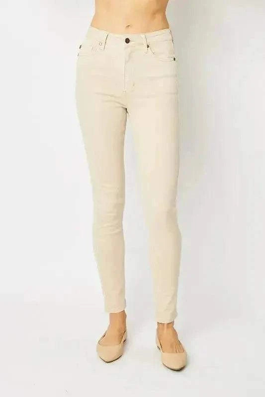 Garment Dyed Tummy Control Skinny Jeans in cream denim with a high-rise waist and slim, ankle-length fit