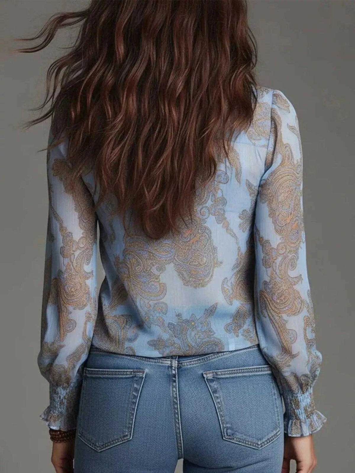 Full Size Paisley Print Ruffle Trim Zip-Front Blouse Plus Size Luxe Curves Plus Size Fashion