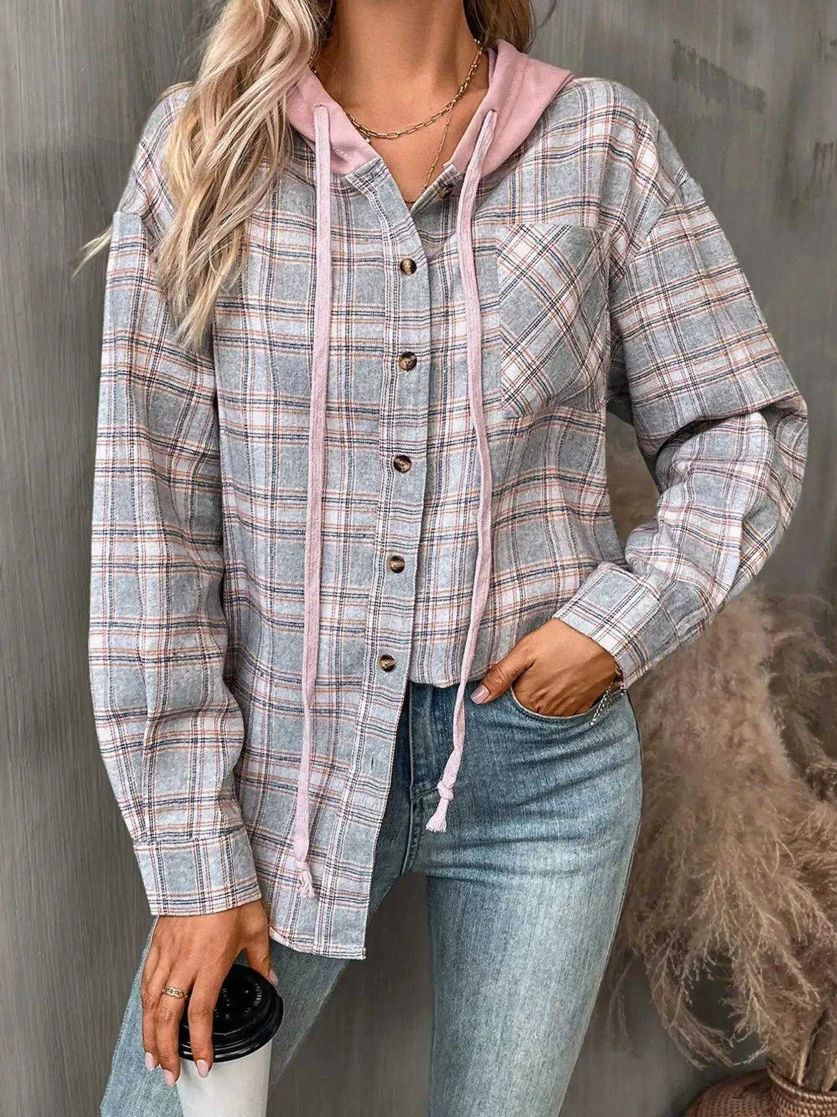 Plaid Button-Up Hooded Shirt with Chest Pocket Luxe Curves Plus Size Fashion