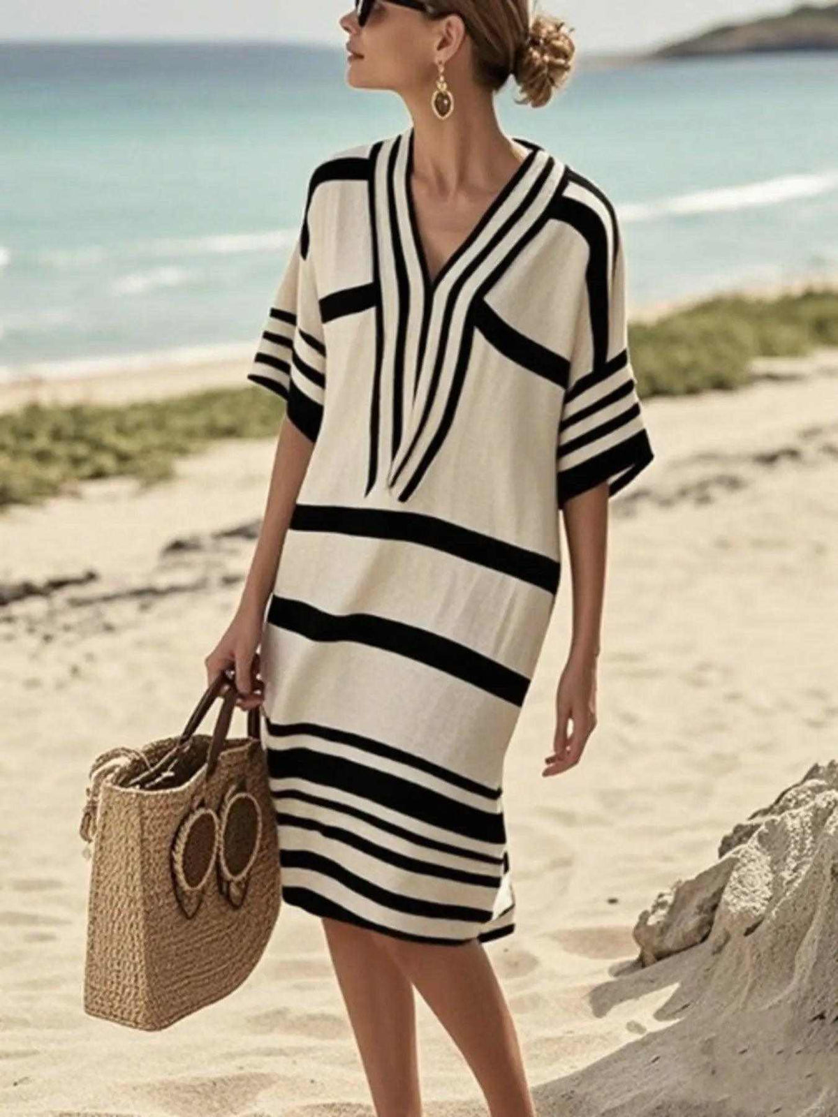 Full Size Striped Half Sleeve Midi Dress Plus Size Luxe Curves Plus Size Fashion