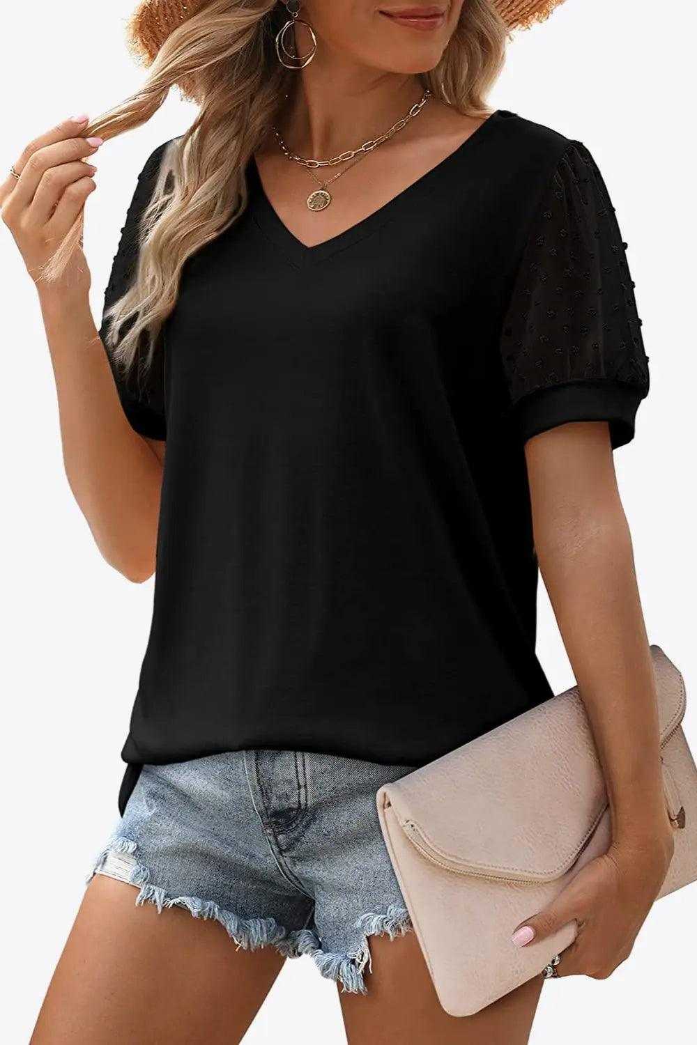 Swiss Dot Puff Sleeve V-Neck Tee Luxe Curves Plus Size Fashion