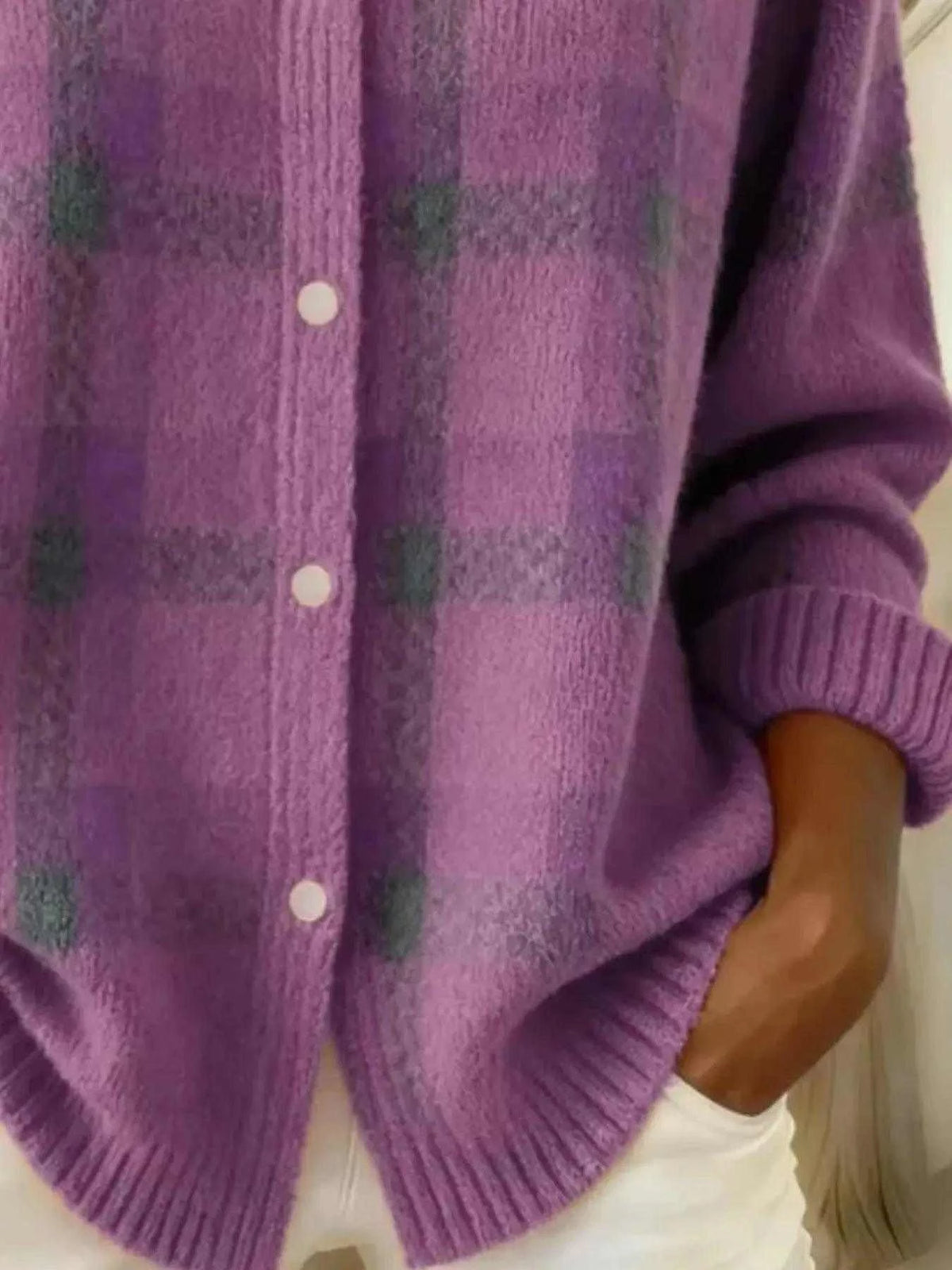 Full Size Plaid Button-Down Knit Cardigan Plus Size Luxe Curves Plus Size Fashion