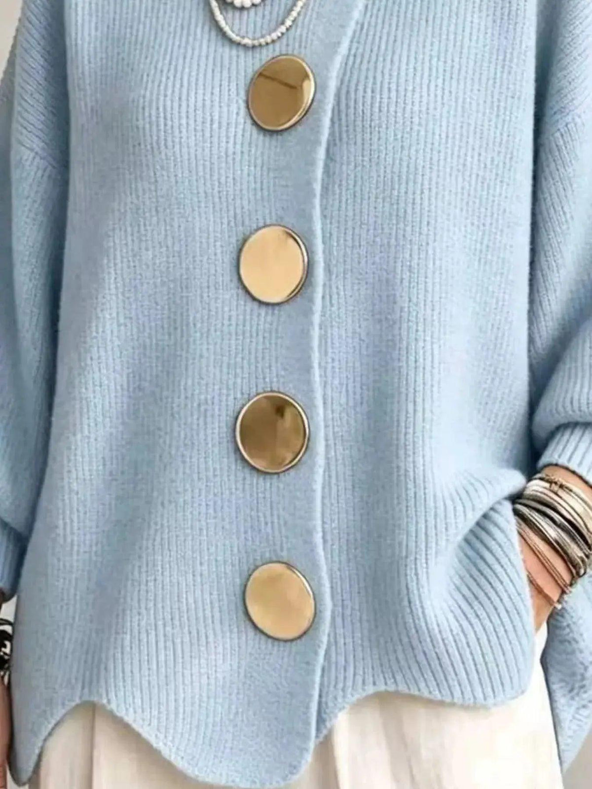 Full Size Gold Buttons Lantern Sleeve Cardigan Plus Size Luxe Curves Plus Size Fashion