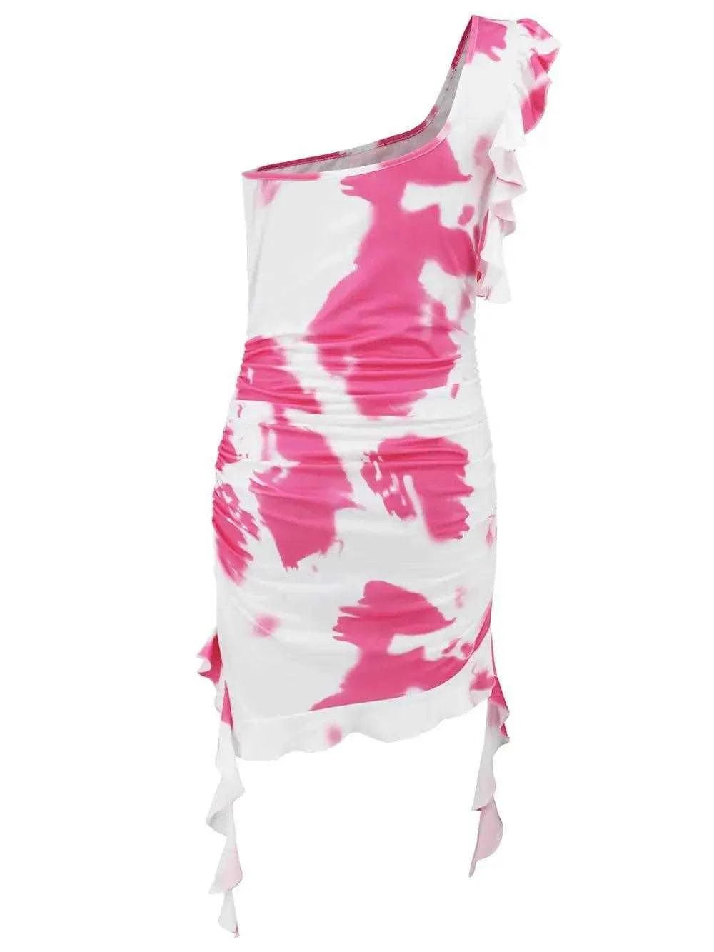 Ruffled Tie-Dye Single Shoulder Mini Dress Luxe Curves Plus Size Fashion