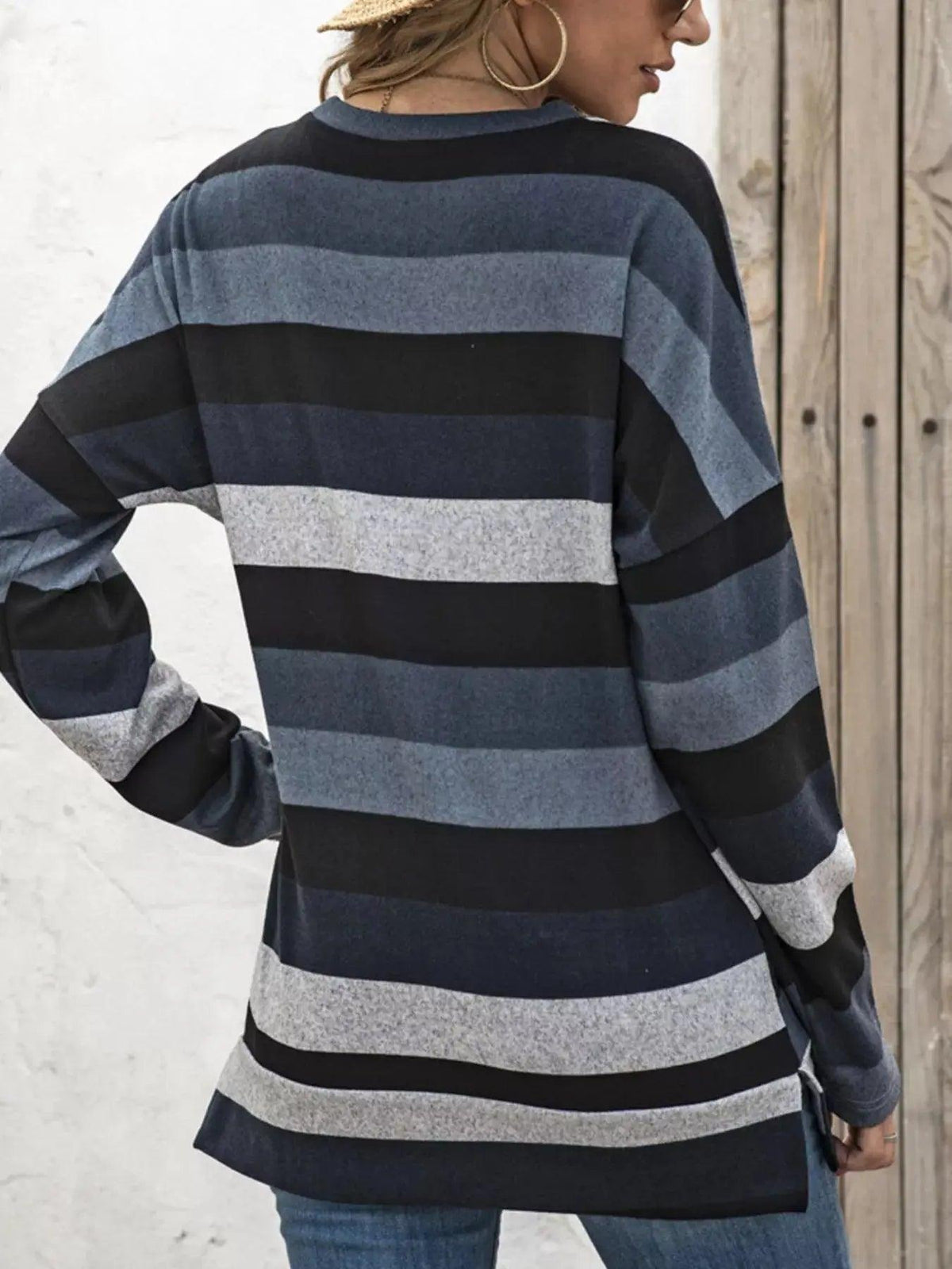 Full Size Casual Striped Long Sleeve Crew Neck Top Plus Size Luxe Curves Plus Size Fashion