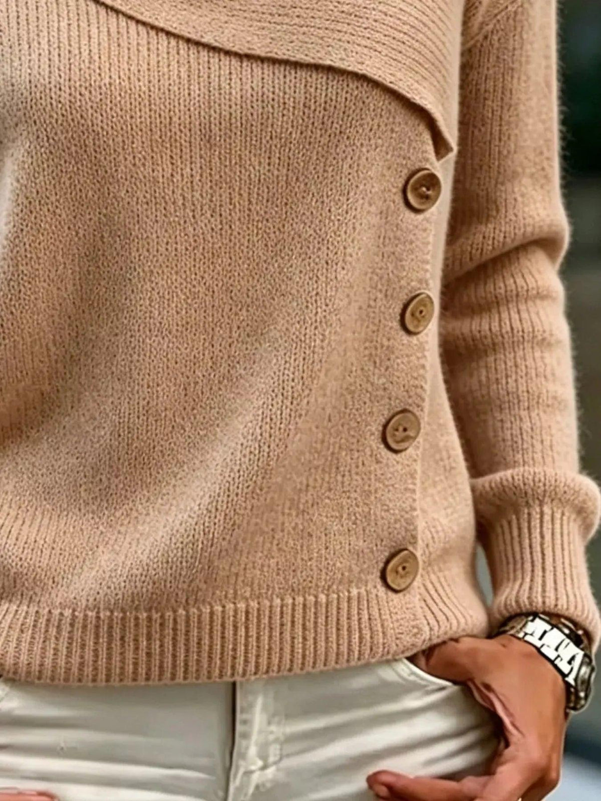 Full Size Asymmetrical Decor Button Sweater Plus Size Luxe Curves Plus Size Fashion