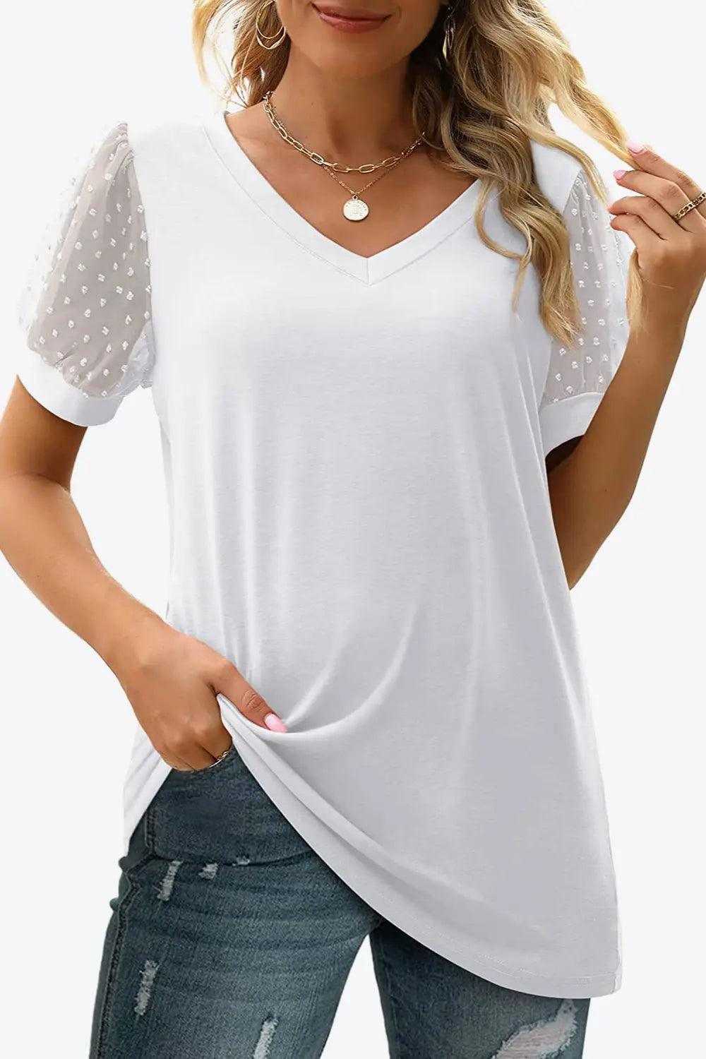 Swiss Dot Puff Sleeve V-Neck Tee Luxe Curves Plus Size Fashion