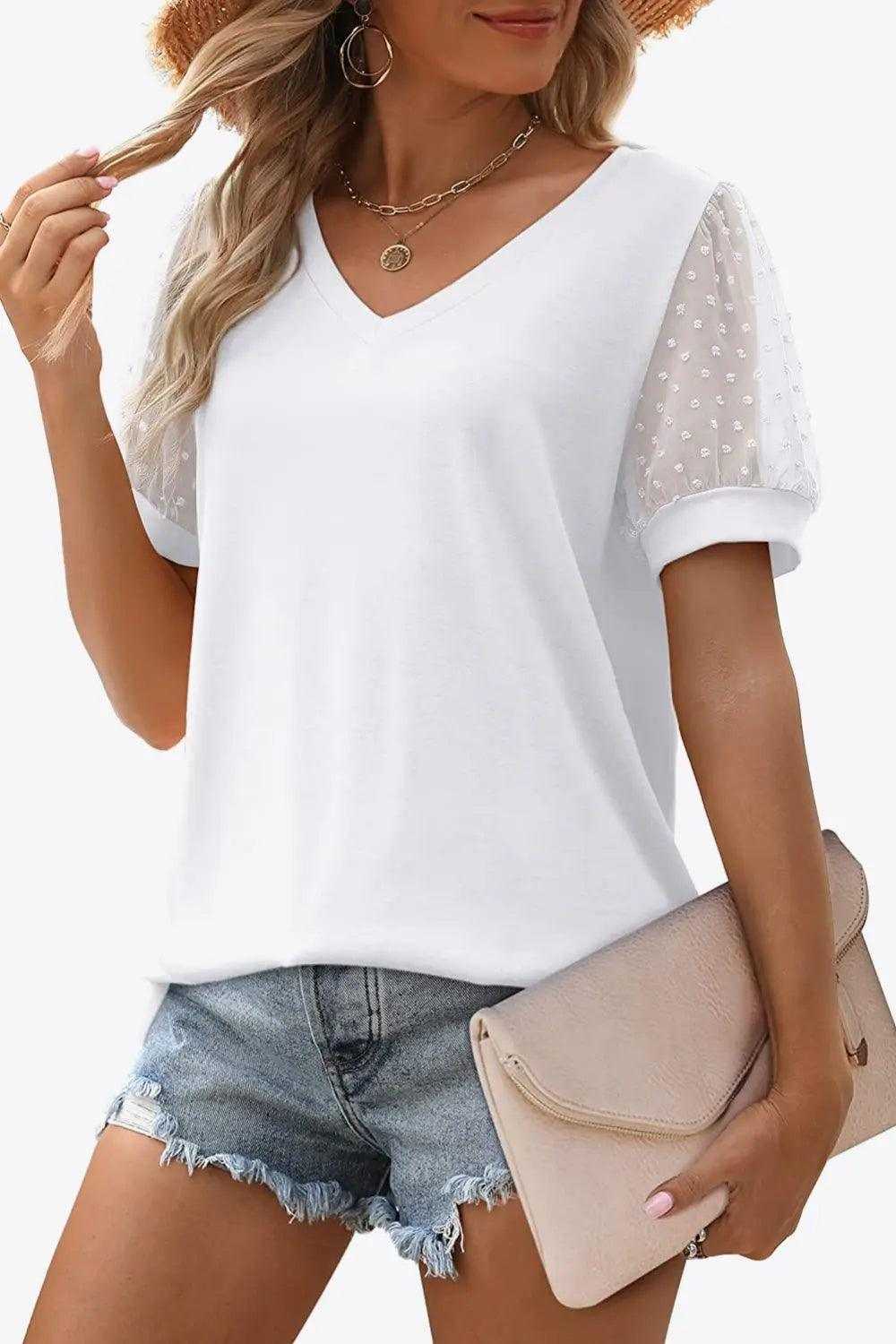 Swiss Dot Puff Sleeve V-Neck Tee Luxe Curves Plus Size Fashion