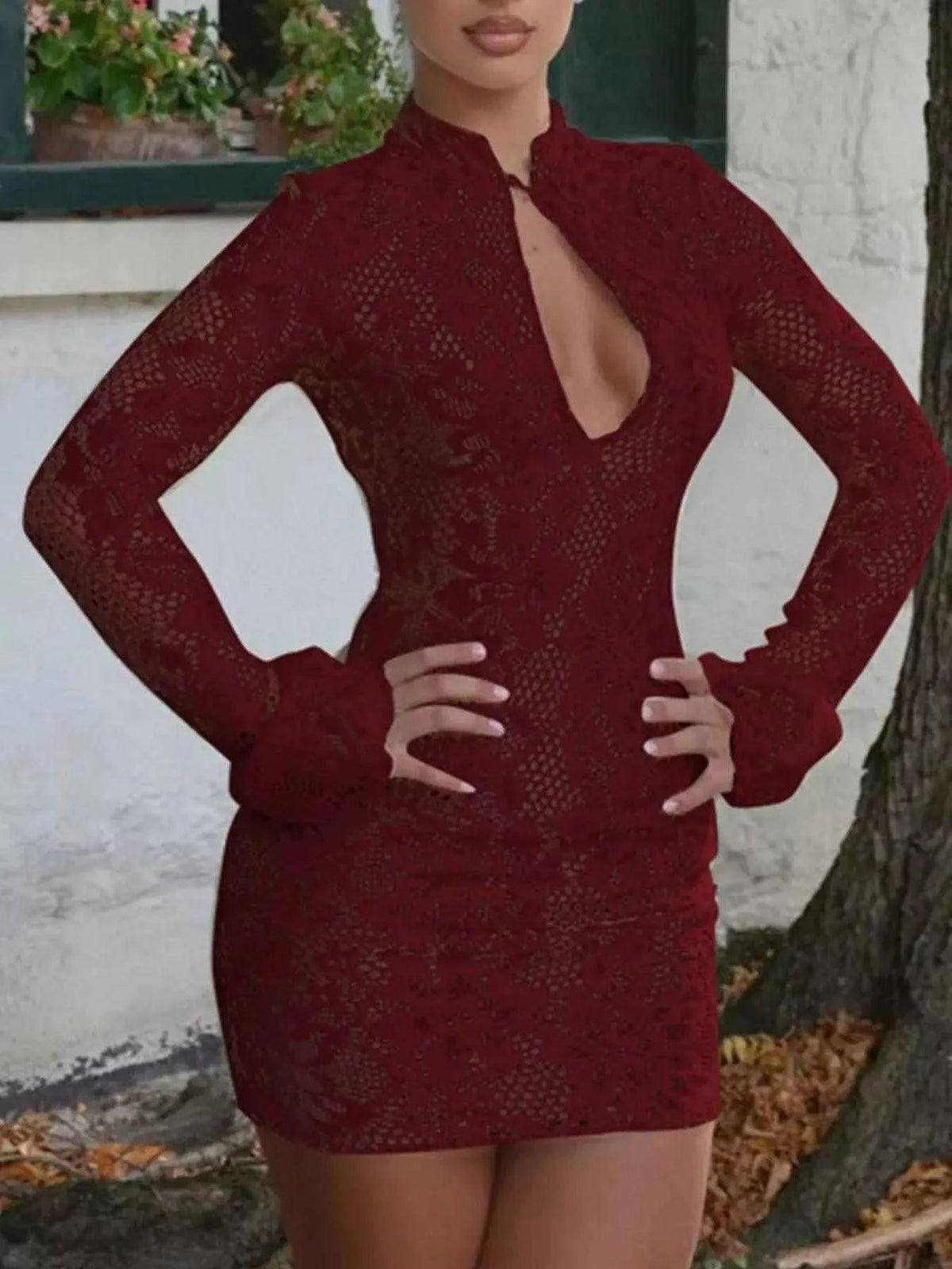 Lace Cutout Long Sleeve Mini Dress Luxe Curves Plus Size Fashion