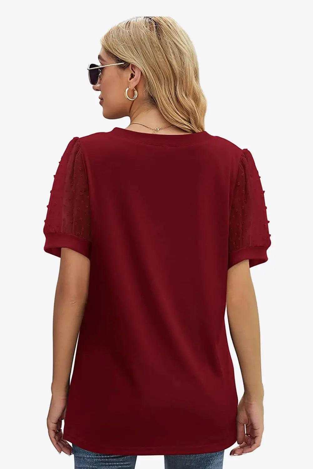 Swiss Dot Puff Sleeve V-Neck Tee Luxe Curves Plus Size Fashion