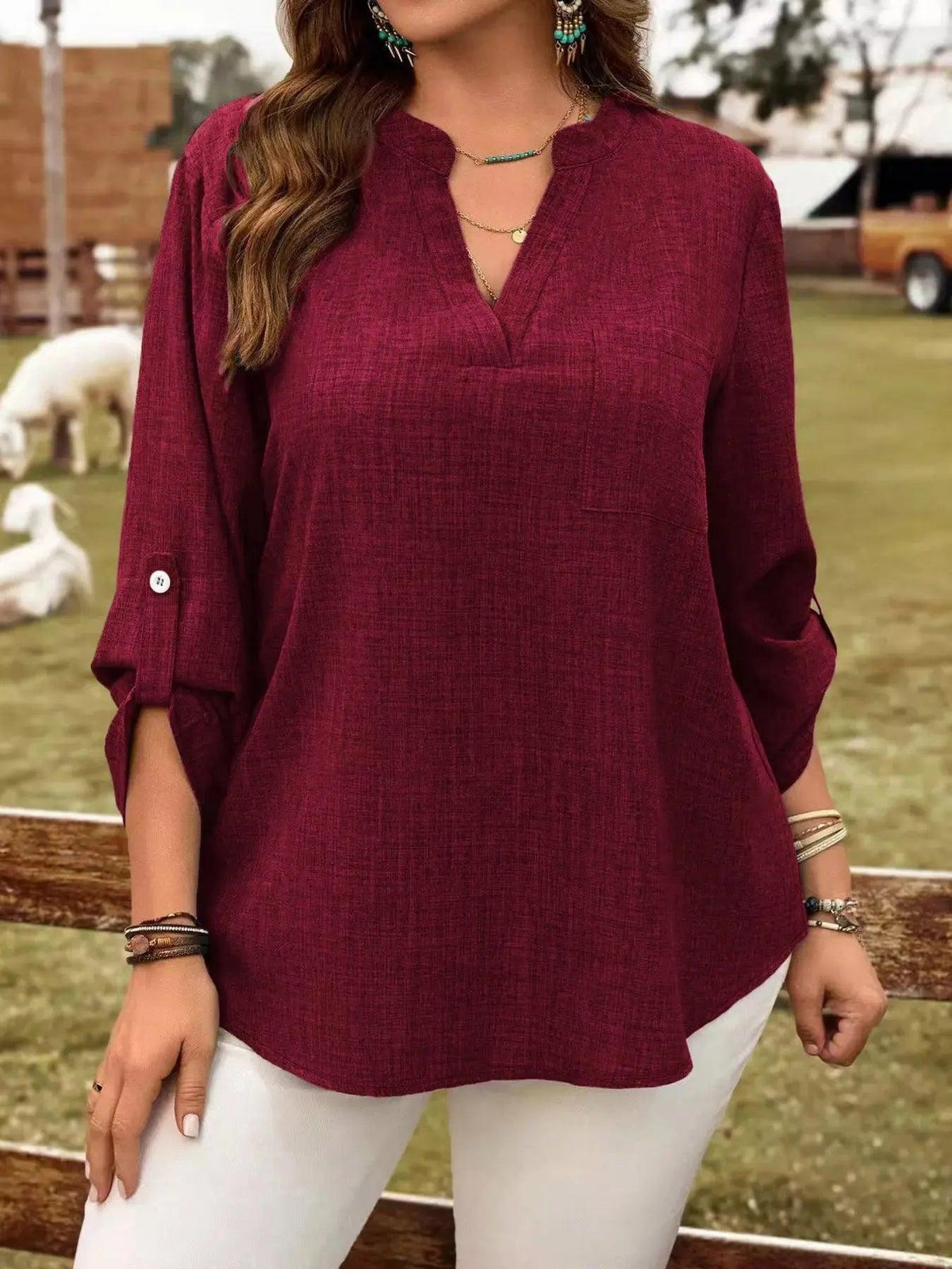 Plus Size Notched Roll-Tab Sleeve Casual Blouse Luxe Curves Plus Size Fashion