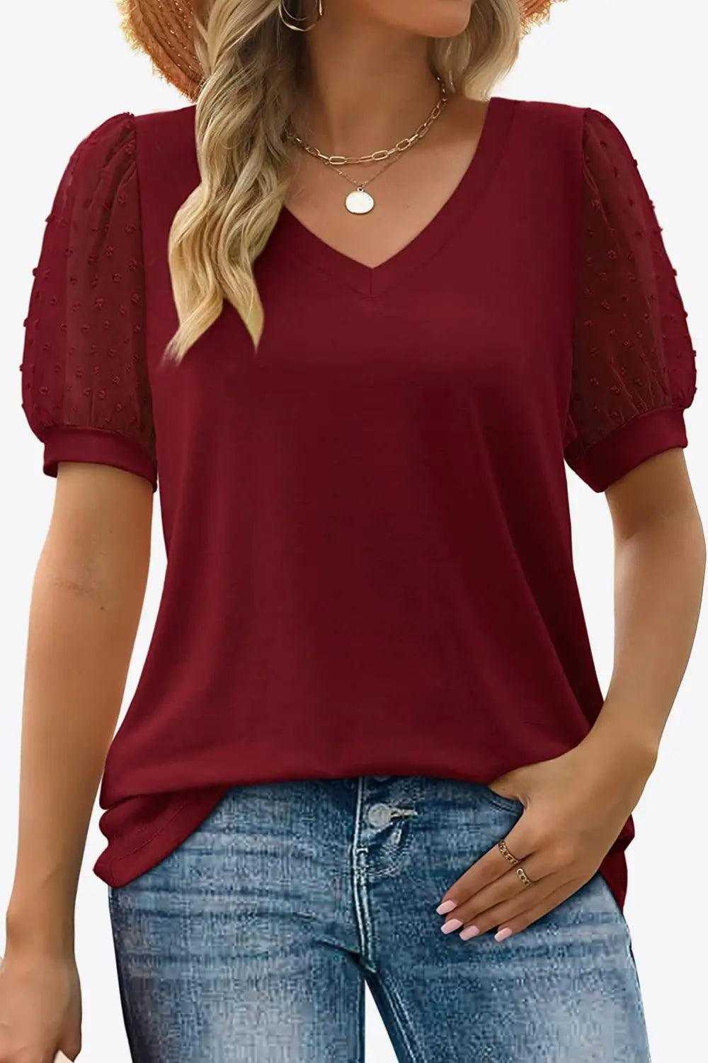 Swiss Dot Puff Sleeve V-Neck Tee Luxe Curves Plus Size Fashion