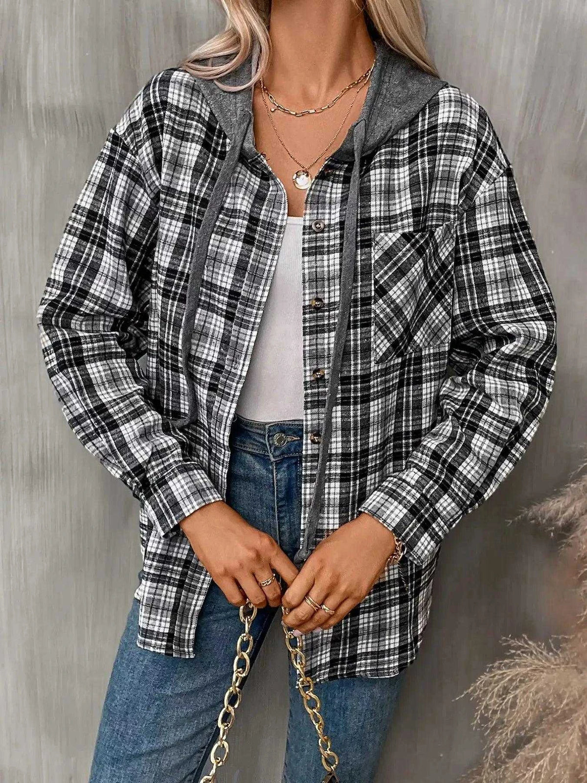 Plaid Button-Up Hooded Shirt with Chest Pocket Luxe Curves Plus Size Fashion