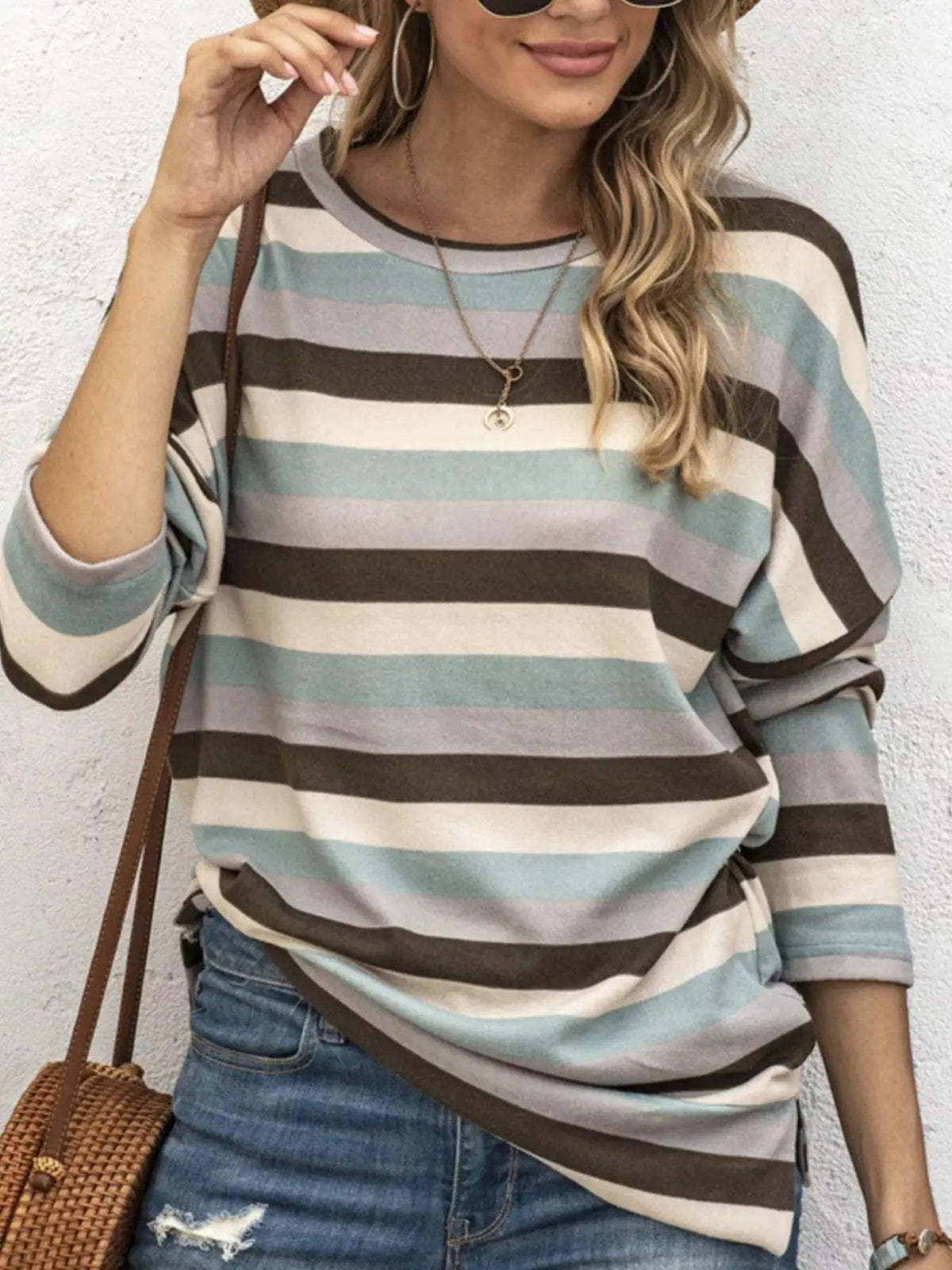 Full Size Casual Striped Long Sleeve Crew Neck Top Plus Size Luxe Curves Plus Size Fashion