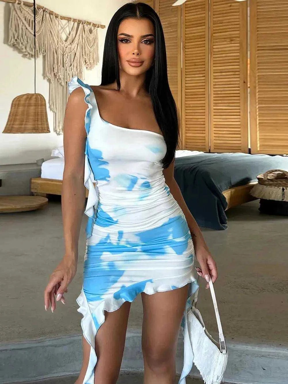 Ruffled Tie-Dye Single Shoulder Mini Dress Luxe Curves Plus Size Fashion