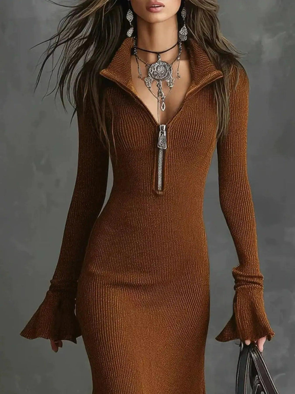 Full Size Quarter-Zip Mermaid Hem Knit Dress Plus Size Luxe Curves Plus Size Fashion
