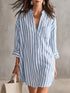 Striped Linen Shirt mini dress in blue and white vertical stripes, with button front, chest pocket and rolled sleeves
