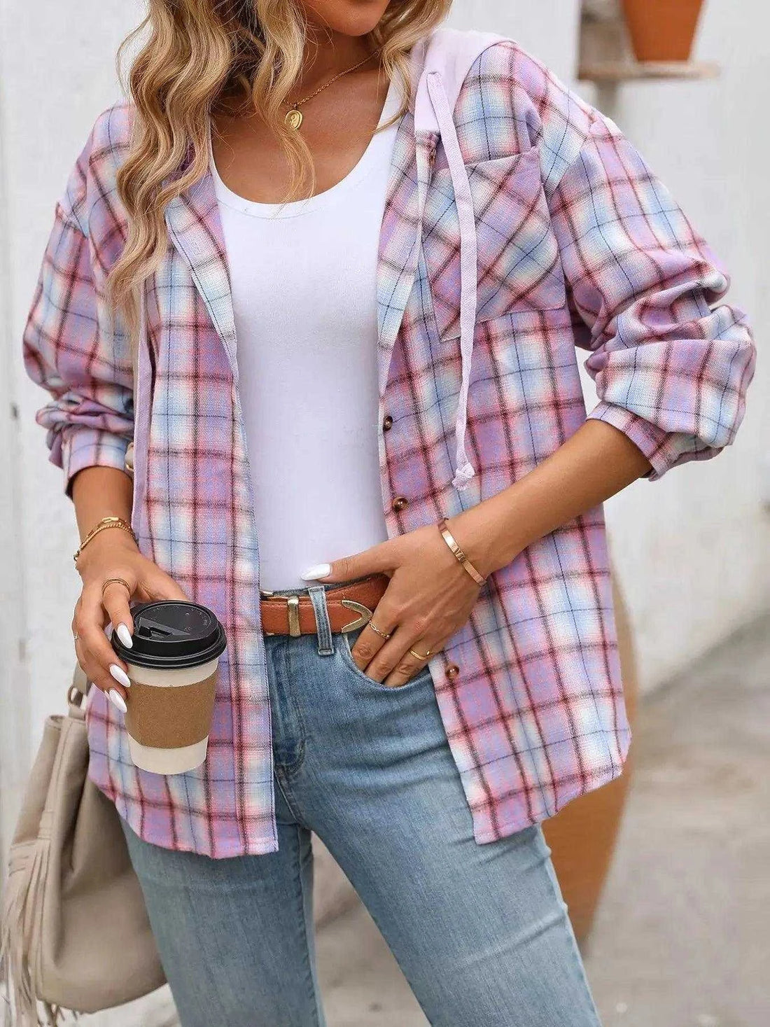 Plaid Button-Up Hooded Shirt with Chest Pocket Luxe Curves Plus Size Fashion