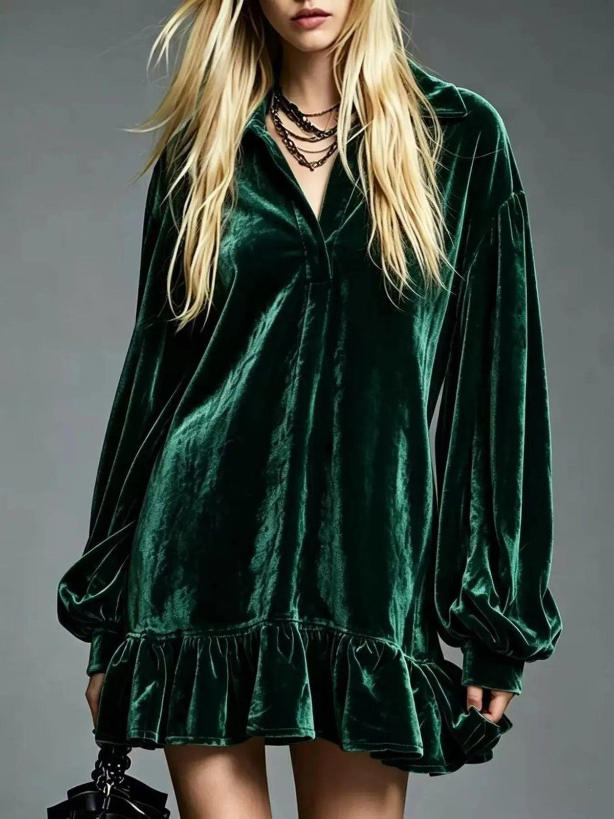 Full Size Velvet Ruffled Hem Long Sleeve Dress Plus Size Luxe Curves Plus Size Fashion