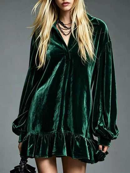 Full Size Velvet Ruffled Hem Long Sleeve Dress Plus Size Luxe Curves Plus Size Fashion