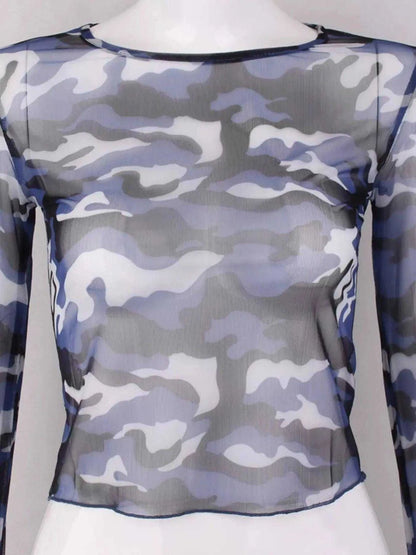 Camouflage Mesh Long Sleeve T-Shirt Luxe Curves Plus Size Fashion