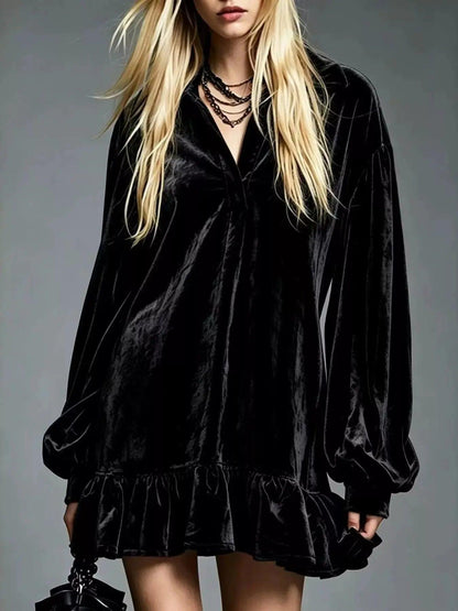 Full Size Velvet Ruffled Hem Long Sleeve Dress Plus Size Luxe Curves Plus Size Fashion