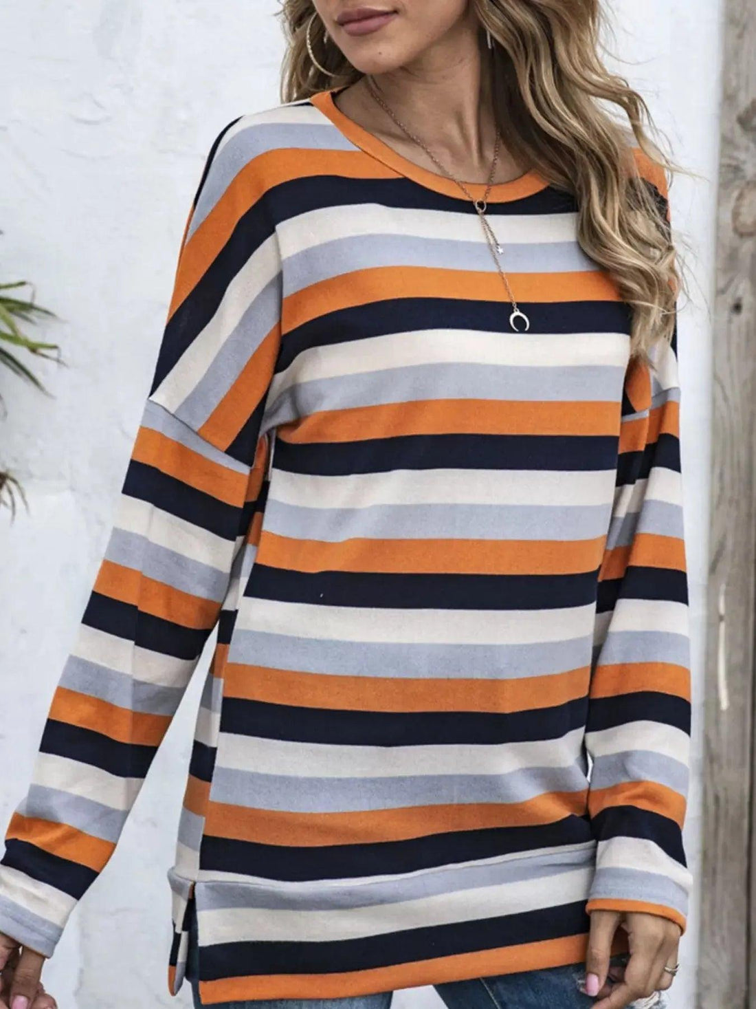 Full Size Casual Striped Long Sleeve Crew Neck Top Plus Size Luxe Curves Plus Size Fashion