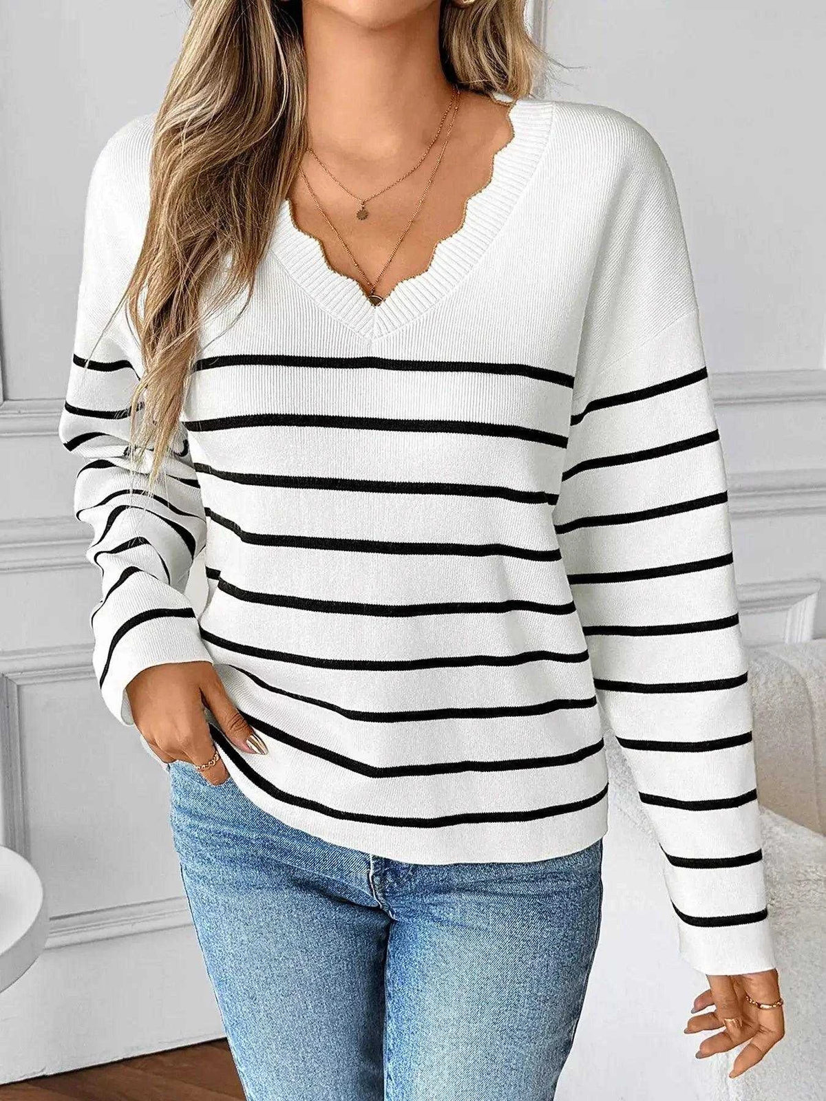 Striped V-Neck Long Sleeve Sweater Luxe Curves Plus Size Fashion