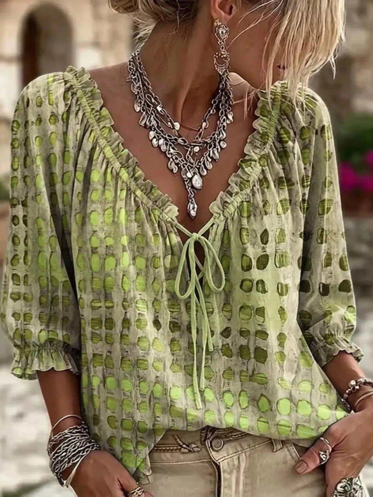 Full Size Tie Neck 3/4 Sleeve Blouse Plus Size Luxe Curves Plus Size Fashion