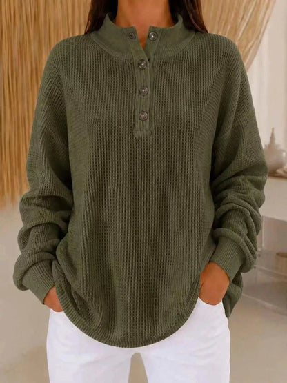 Full Size Waffle Knit olive green sweater with textured knit, buttoned mock neck, long sleeves, and side pockets