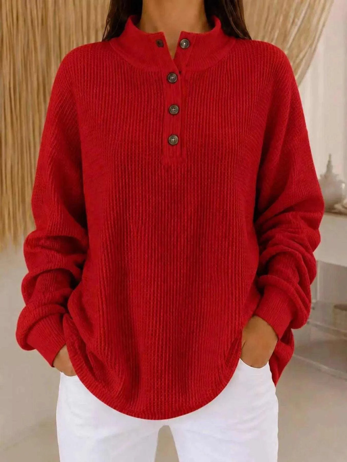 Full Size Waffle Knit Button Detail Sweatshirt Plus Size Luxe Curves Plus Size Fashion