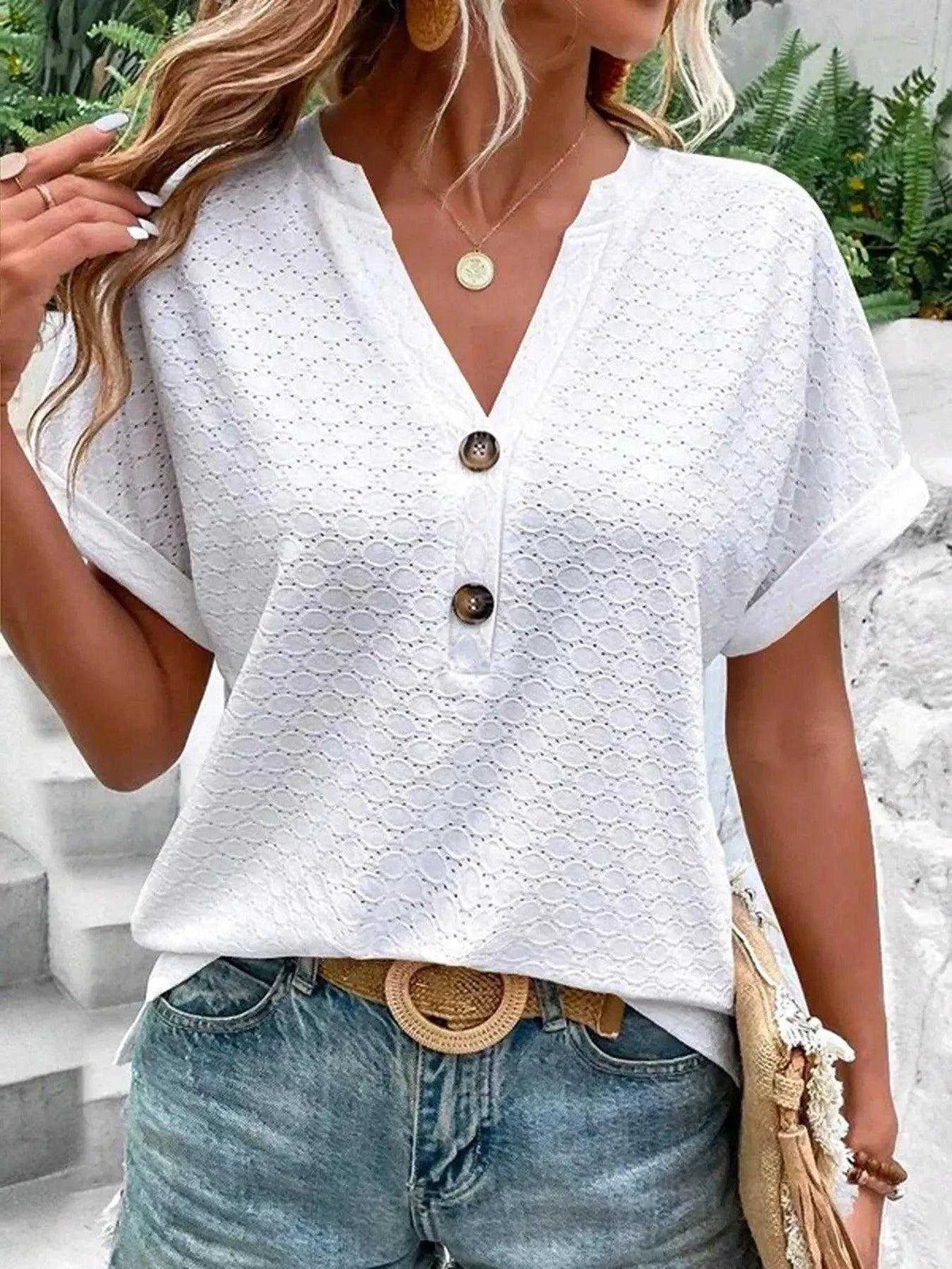 Notched Short Sleeve Top Luxe Curves Plus Size Fashion