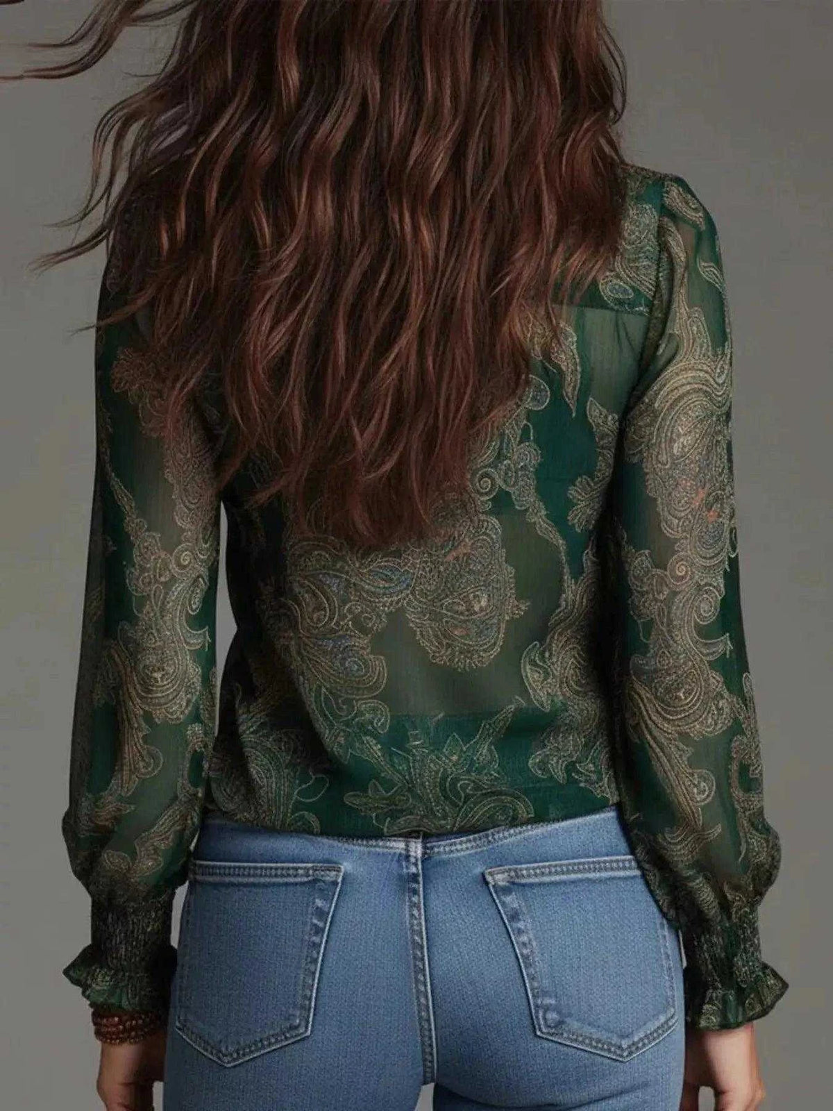 Full Size Paisley Print Ruffle Trim Zip-Front Blouse Plus Size Luxe Curves Plus Size Fashion