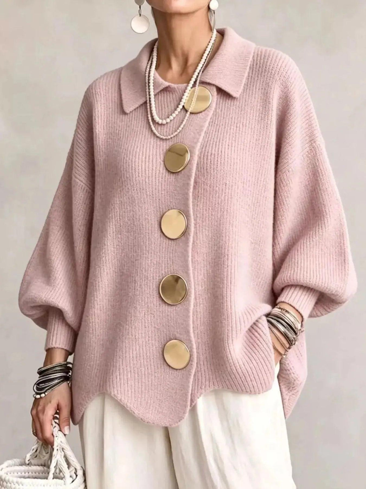 Full Size Gold Buttons Lantern Sleeve Cardigan Plus Size Luxe Curves Plus Size Fashion
