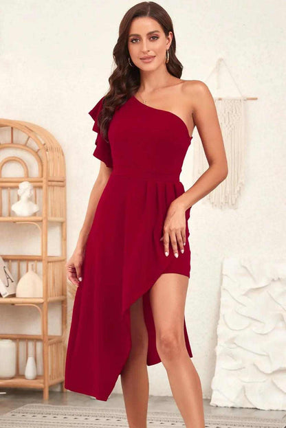 One-Shoulder Flutter Sleeve burgundy dress with layered flutter sleeve and dramatic asymmetrical hem
