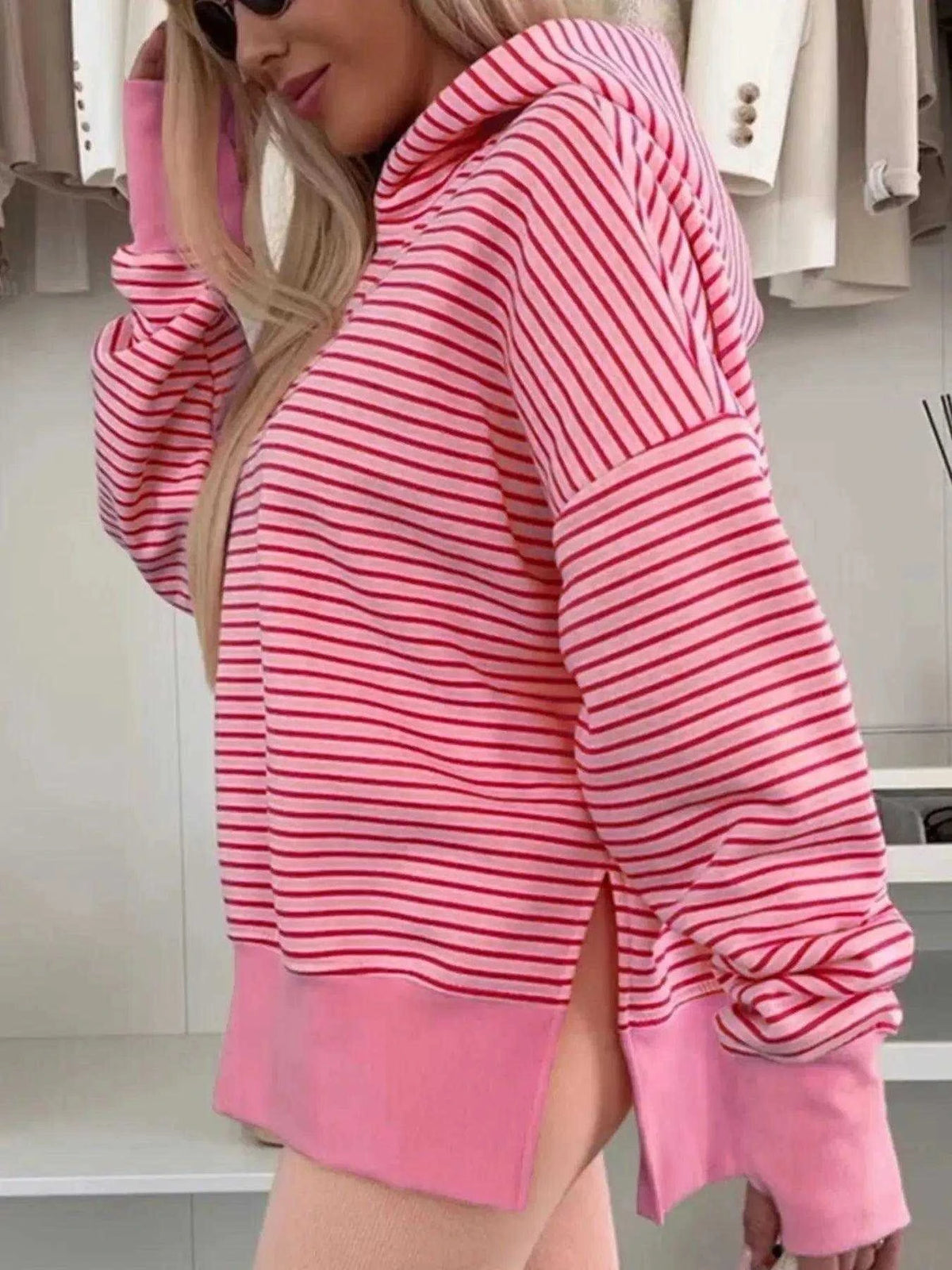 Striped Oversized Hoodie with Kangaroo Pocket Luxe Curves Plus Size Fashion