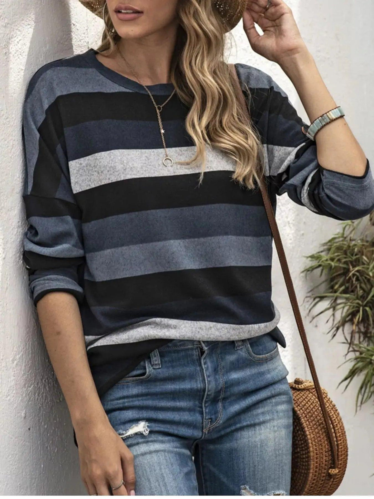 Full Size Casual Striped Long Sleeve Crew Neck Top Plus Size Luxe Curves Plus Size Fashion