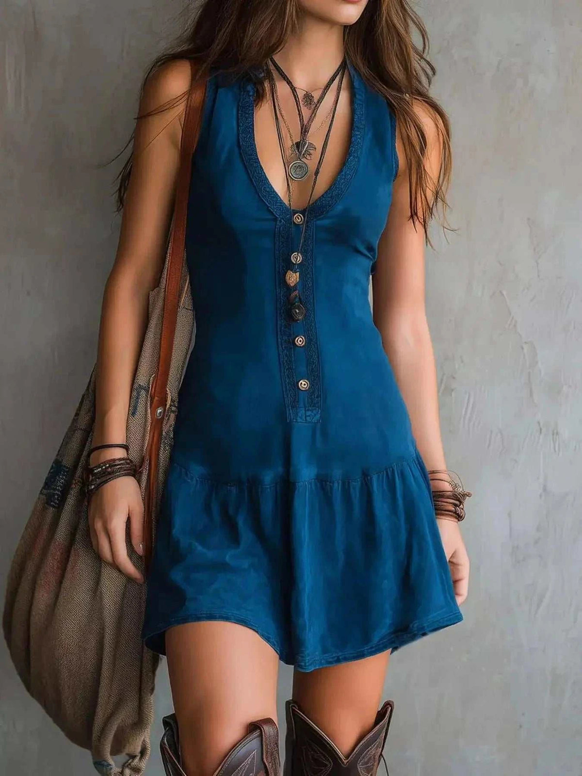 Full Size Sleeveless V-Neck blue polyester mini dress with button front and gathered ruffle hem
