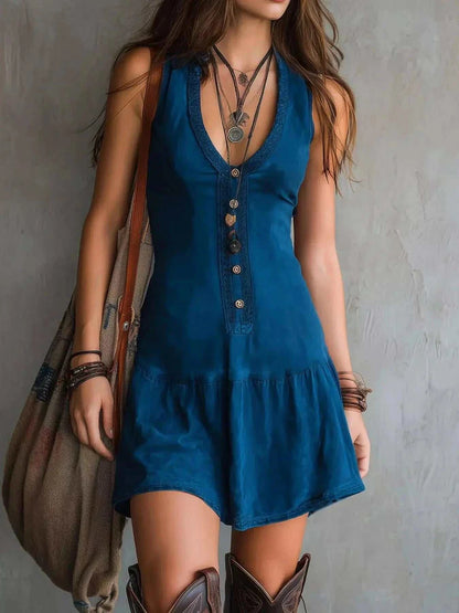 Full Size Sleeveless V-Neck blue polyester mini dress with button front and gathered ruffle hem
