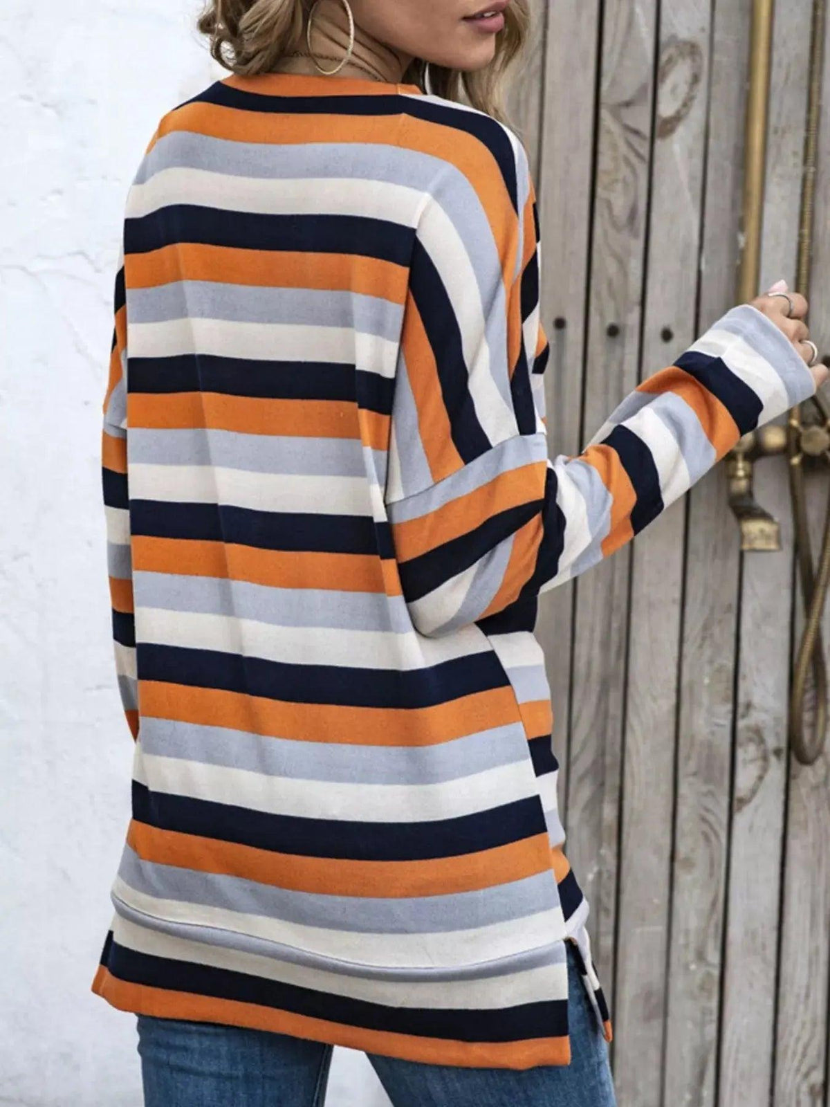 Full Size Casual Striped Long Sleeve Crew Neck Top Plus Size Luxe Curves Plus Size Fashion